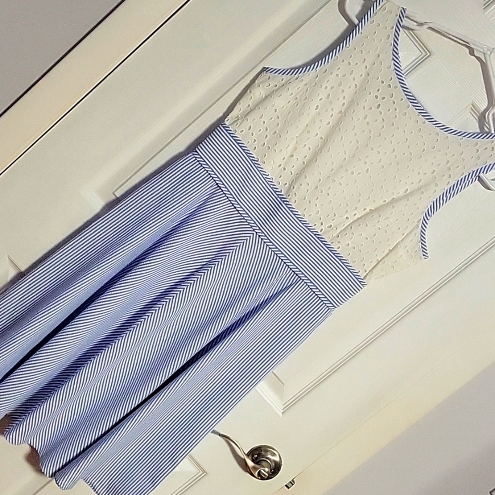 White & blue seersucker dress